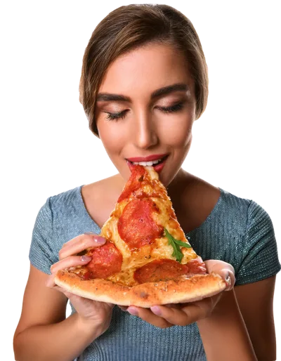Young Woman Eating A Slice Of Pepperoni Pizza