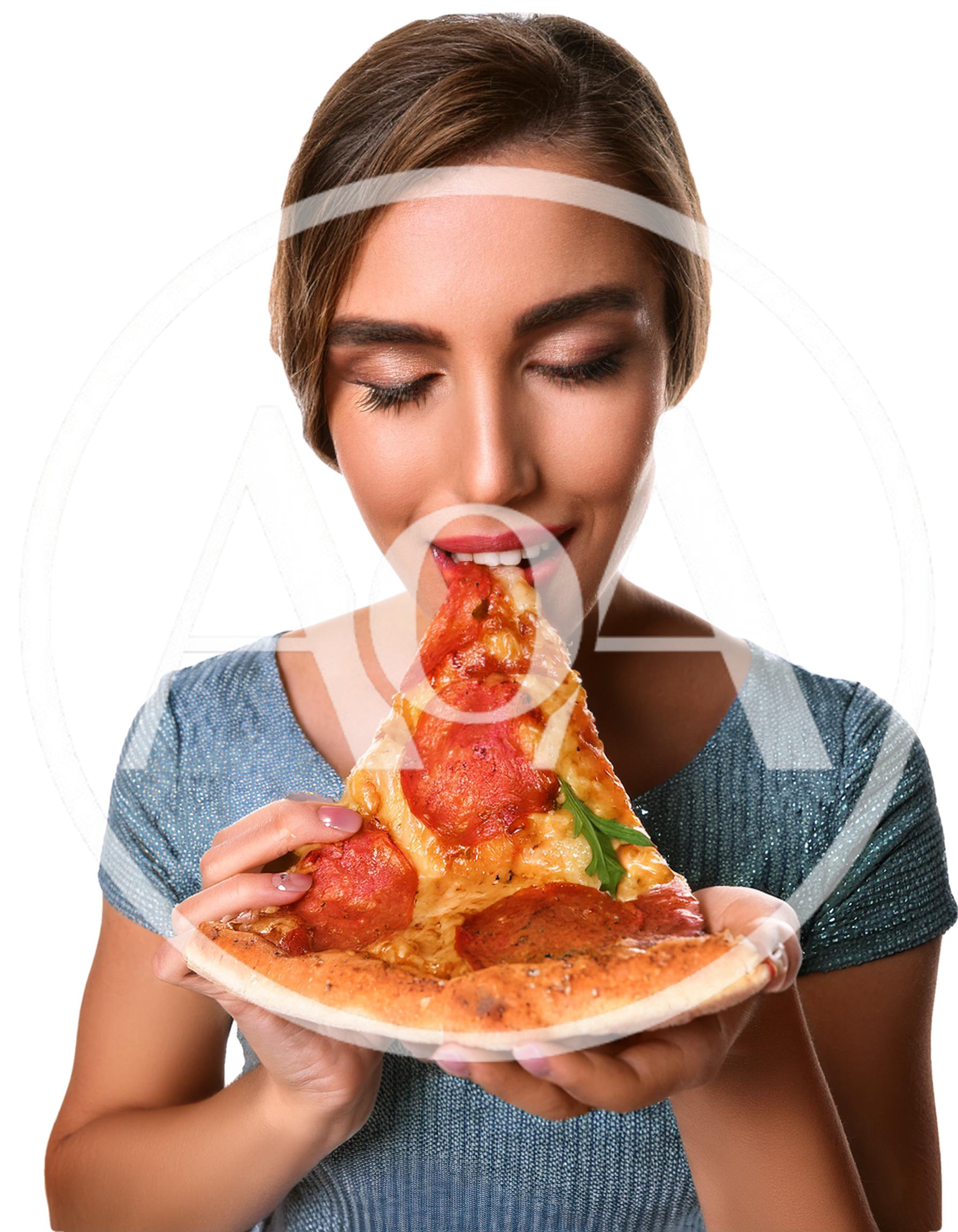 Young Woman Eating A Slice Of Pepperoni Pizza
