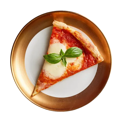 Single Slice Of Margherita Pizza On A Gold Plate