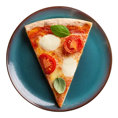 Single Slice Of Margherita Pizza On A Blue Plate