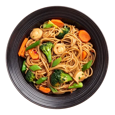 Stir Fried Noodles With Vegetables In A Black Bowl