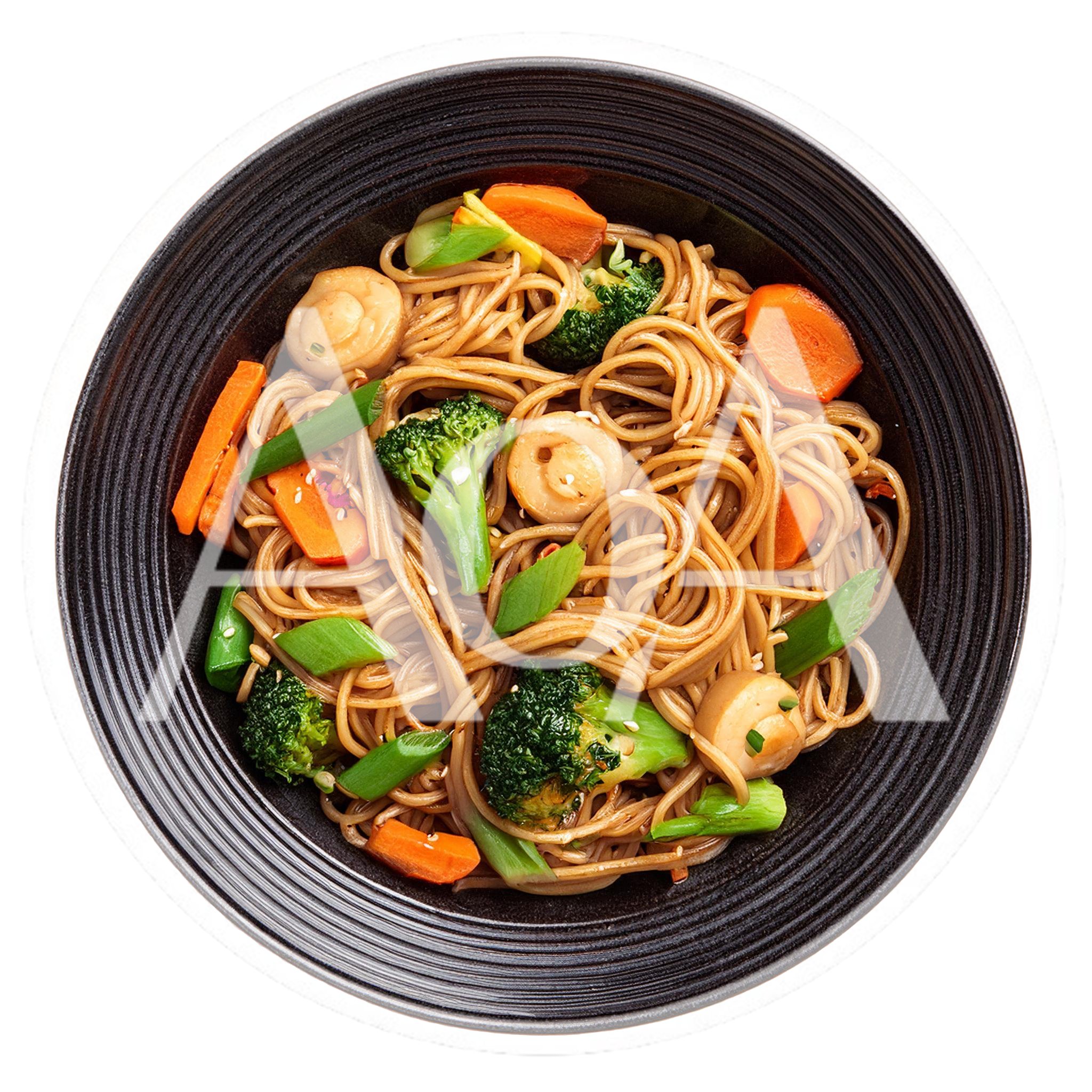 Stir Fried Noodles With Vegetables In A Black Bowl