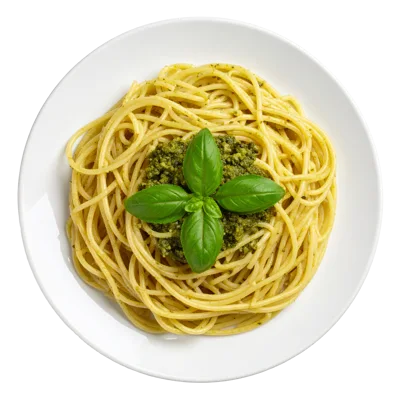 Spaghetti Pasta With Pesto Sauce And Fresh Basil