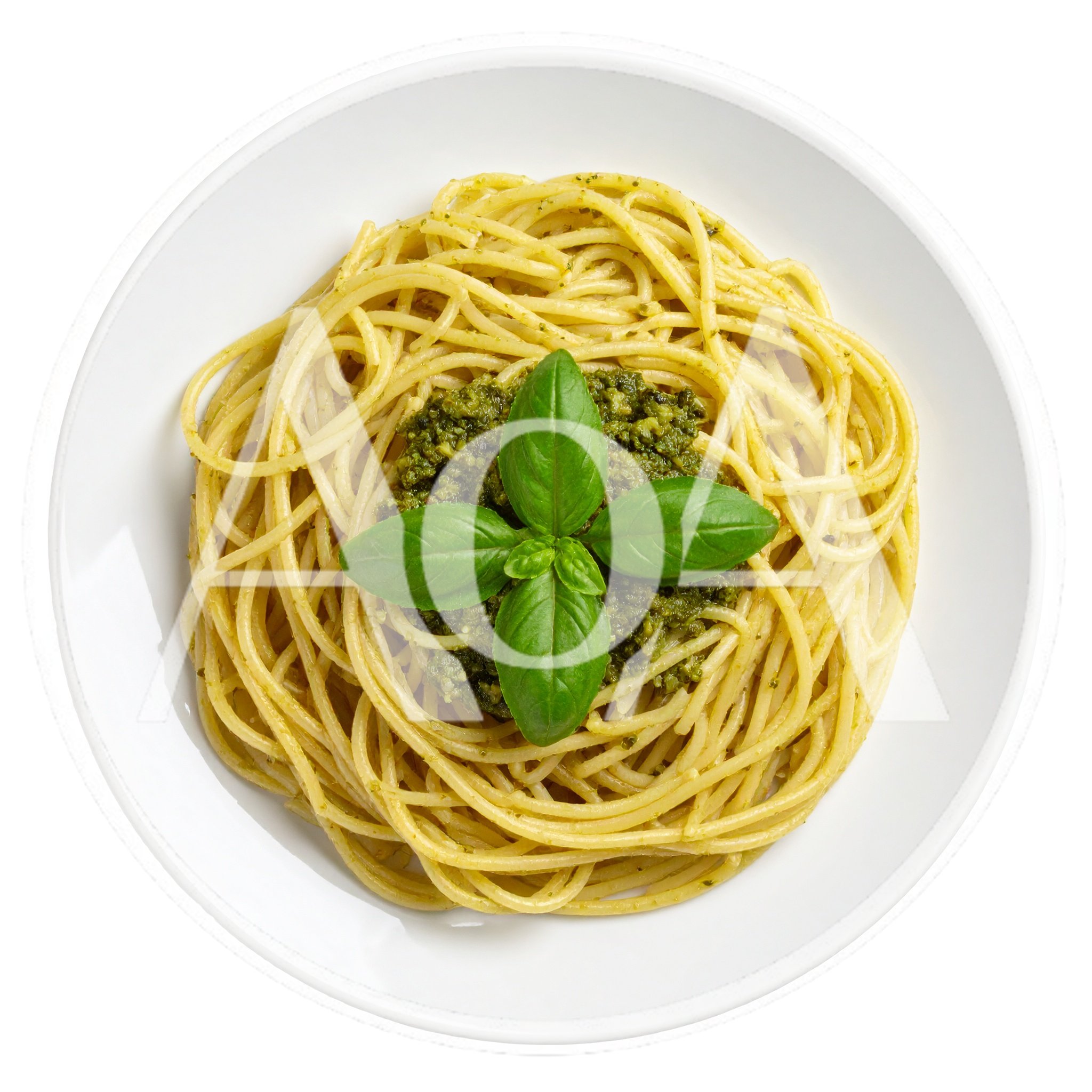 Spaghetti Pasta With Pesto Sauce And Fresh Basil