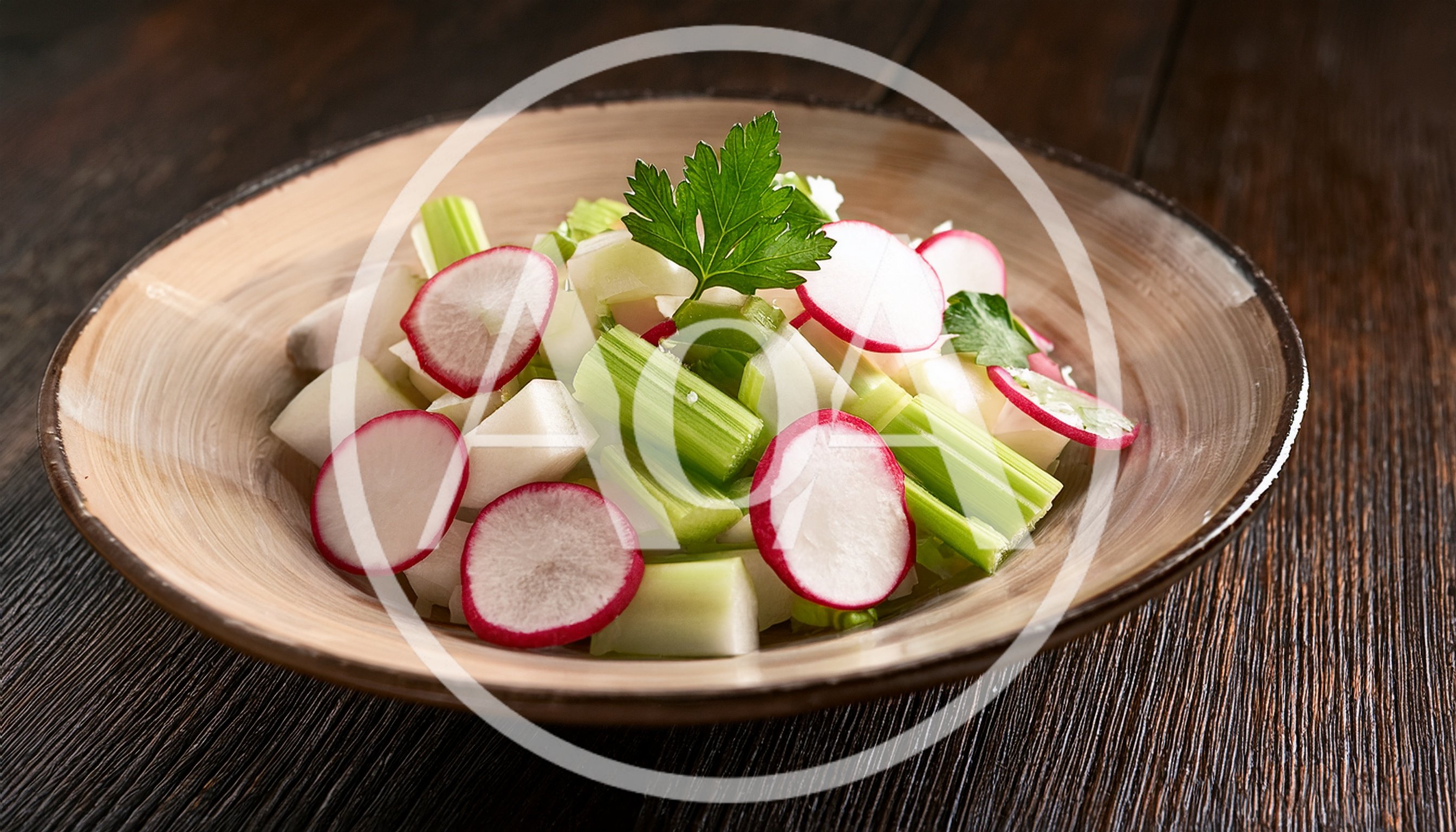 Fresh Radish and Celery Salad in Ceramic Bowl