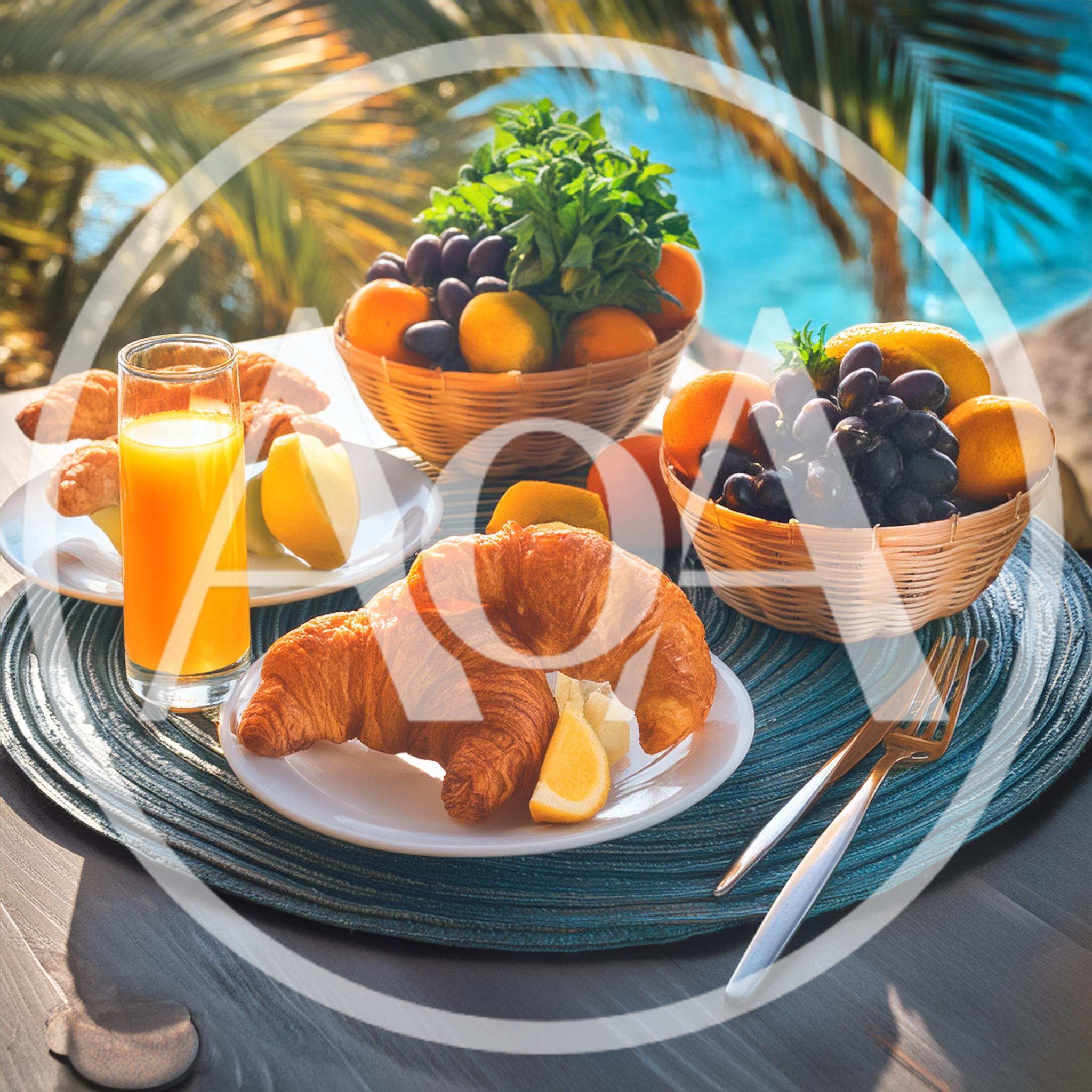 Breakfast Table With Croissants And Fruit By The Pool