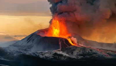 Volcanic Eruption With Lava Fountain And Ash Plume