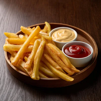 Golden French Fries With Dipping Sauces On Wooden Tray
