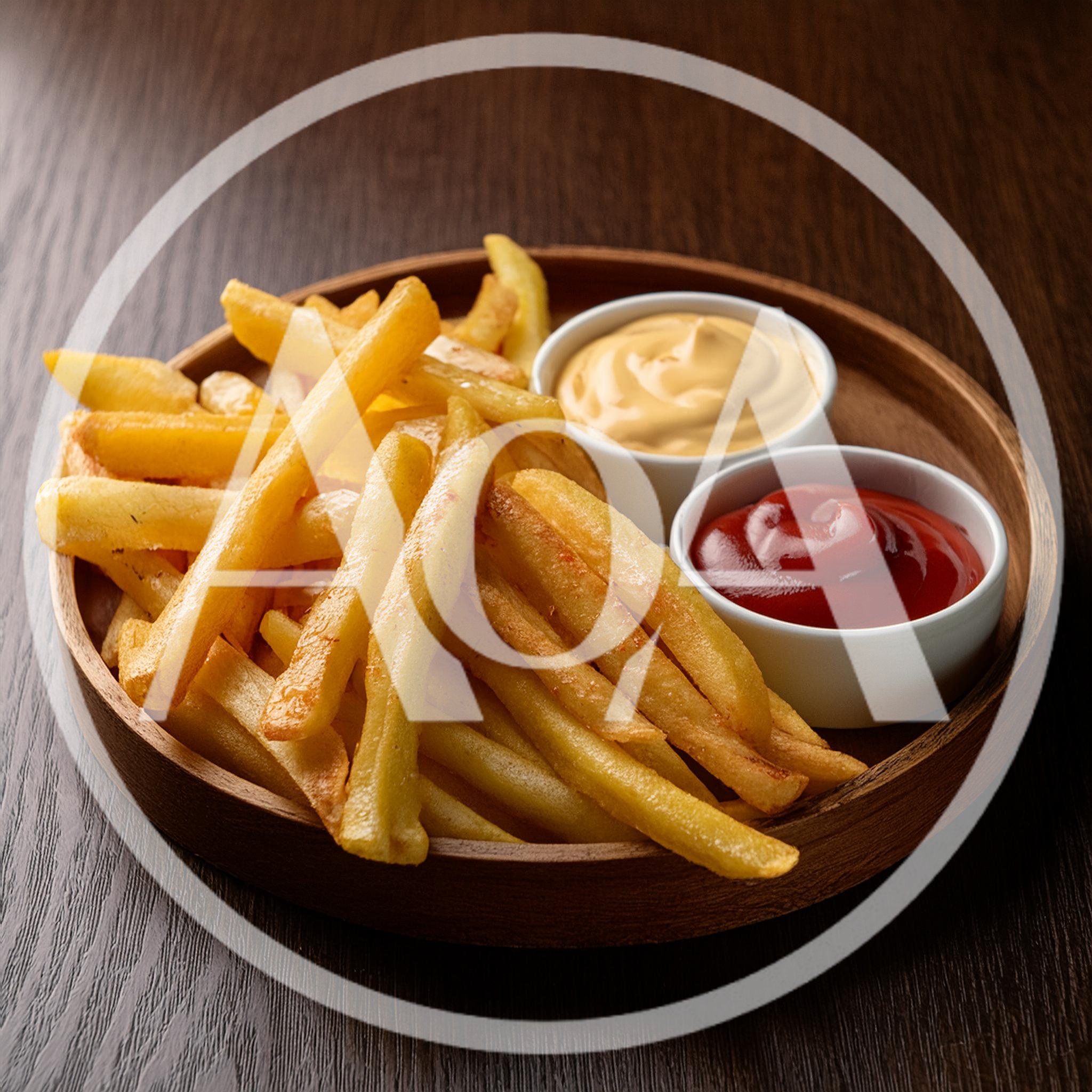 Golden French Fries With Dipping Sauces On Wooden Tray