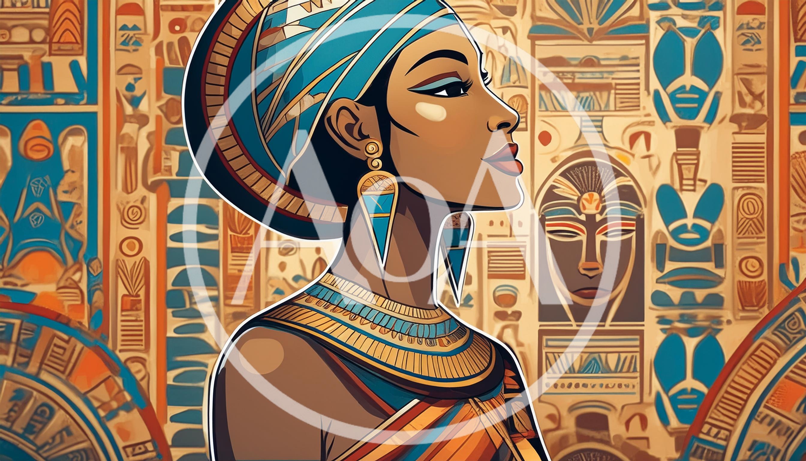 Egyptian Queen Portrait With Hieroglyphic Background