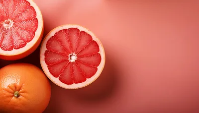 Fresh Grapefruit Halves and Whole Fruit on Pink Background