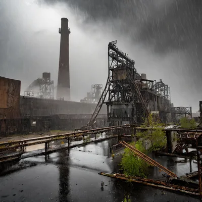 Abandoned Industrial Steel Mill Complex During Heavy Rain