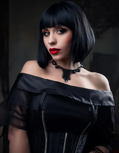 Gothic Woman With Bob Haircut And Red Lipstick