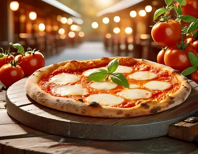 Fresh Margherita Pizza On A Wooden Board