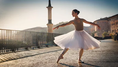 Ballerina Performing Ballet Dance on Historic Stone Bridge