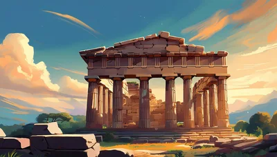 Ancient Greek Temple Ruins At Sunset