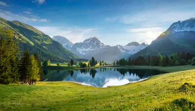 Scenic Alpine Lake With Snow Capped Mountain Peaks
