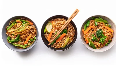 Three Bowls Of Stir Fried Vegetable Noodles