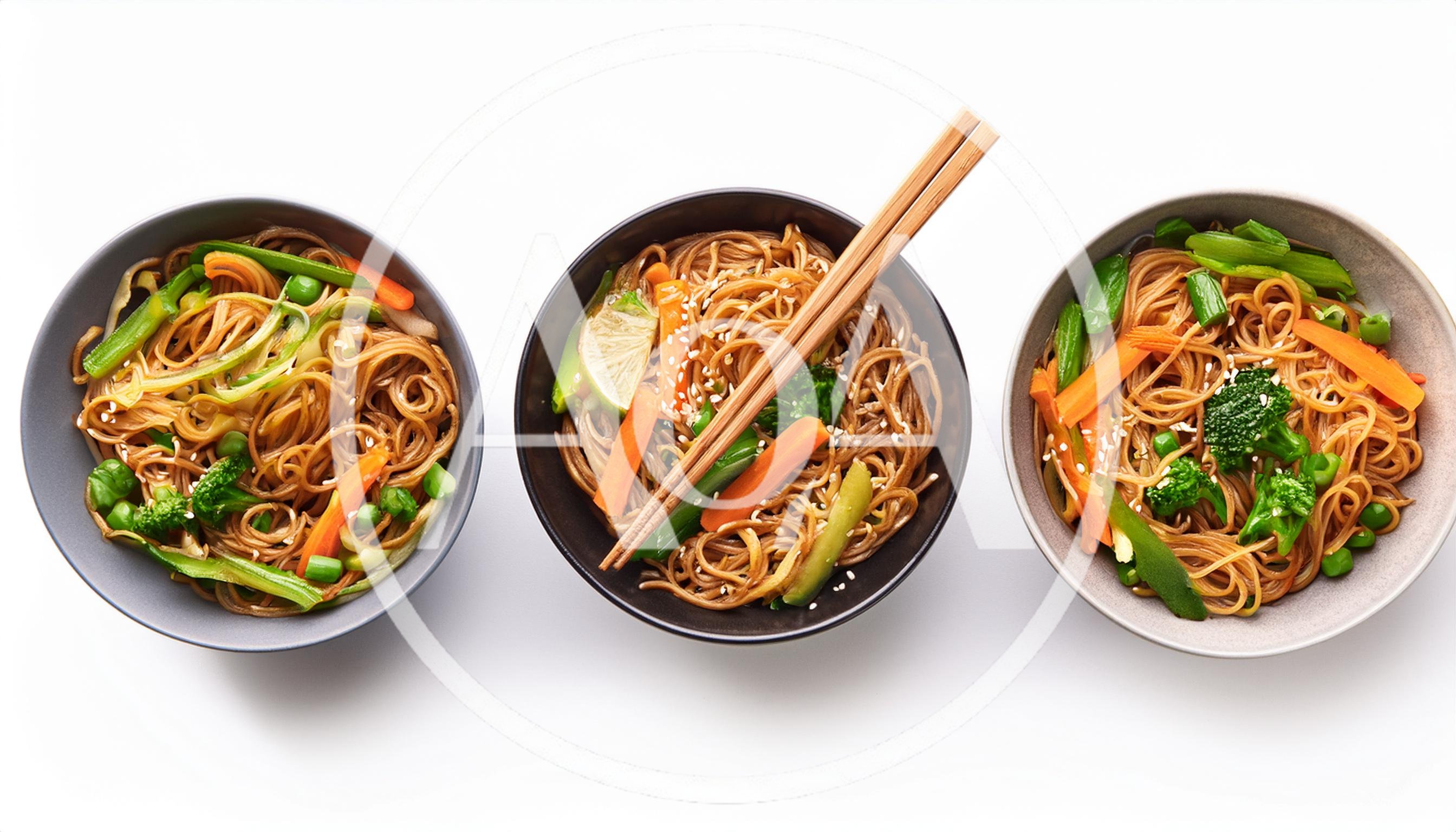 Three Bowls Of Stir Fried Vegetable Noodles