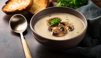 Creamy Mushroom Soup In A Bowl With Toasted Bread