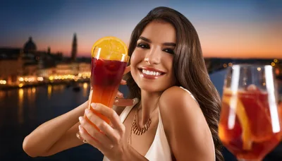 Smiling Woman Holding A Refreshing Cocktail At Sunset