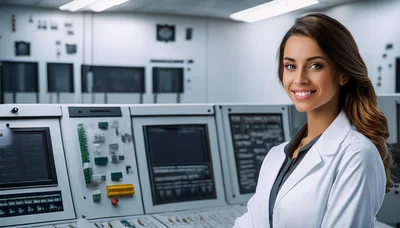 Female Scientist Standing In A High Tech Control Room