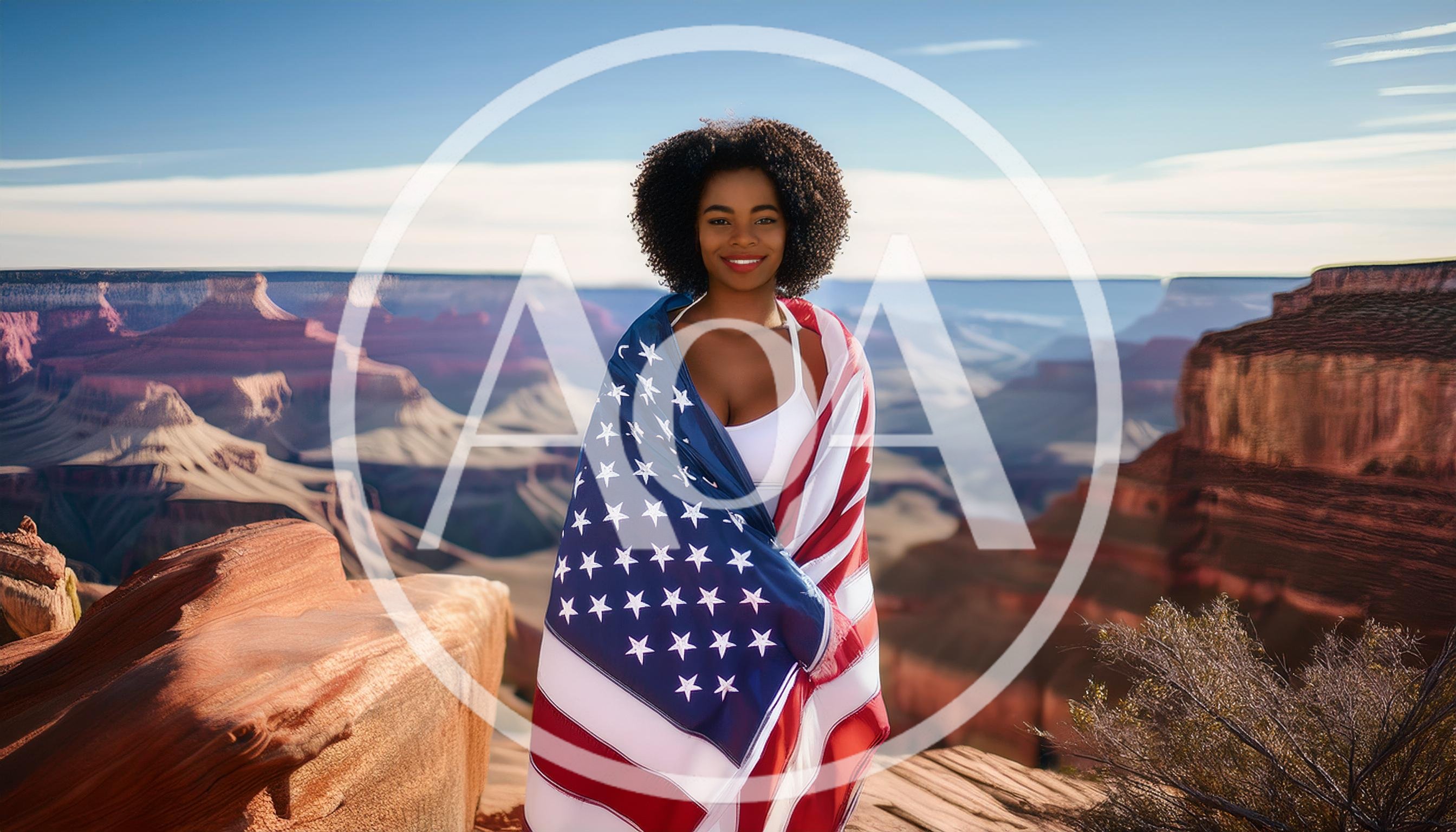 Young Woman Wrapped In American Flag At Grand Canyon