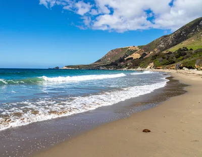 Scenic Pacific Coastline With Waves Crashing On Sandy Beach