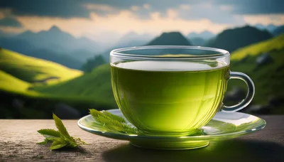 Glass Cup Of Green Tea On A Mountain Landscape