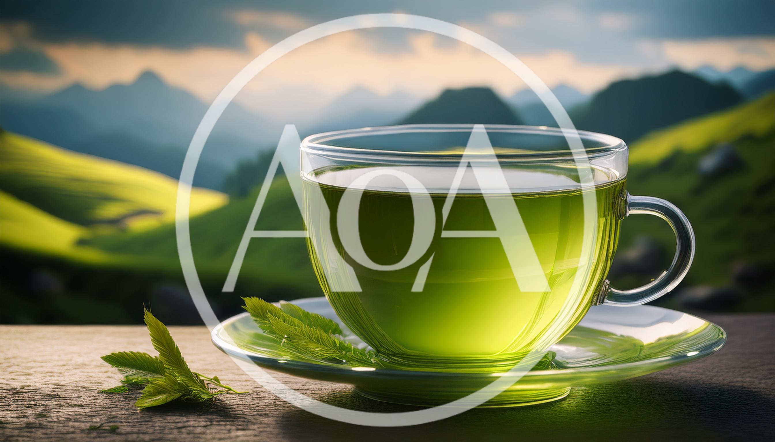 Glass Cup Of Green Tea On A Mountain Landscape