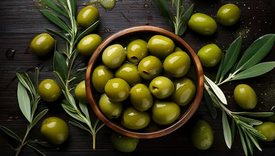 Fresh Green Olives In A Wooden Bowl