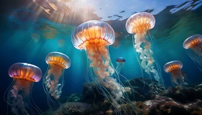 Bioluminescent Jellyfish Swimming In Deep Ocean Waters