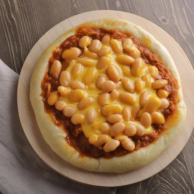 Baked Bean And Cheese Pizza On Wooden Board