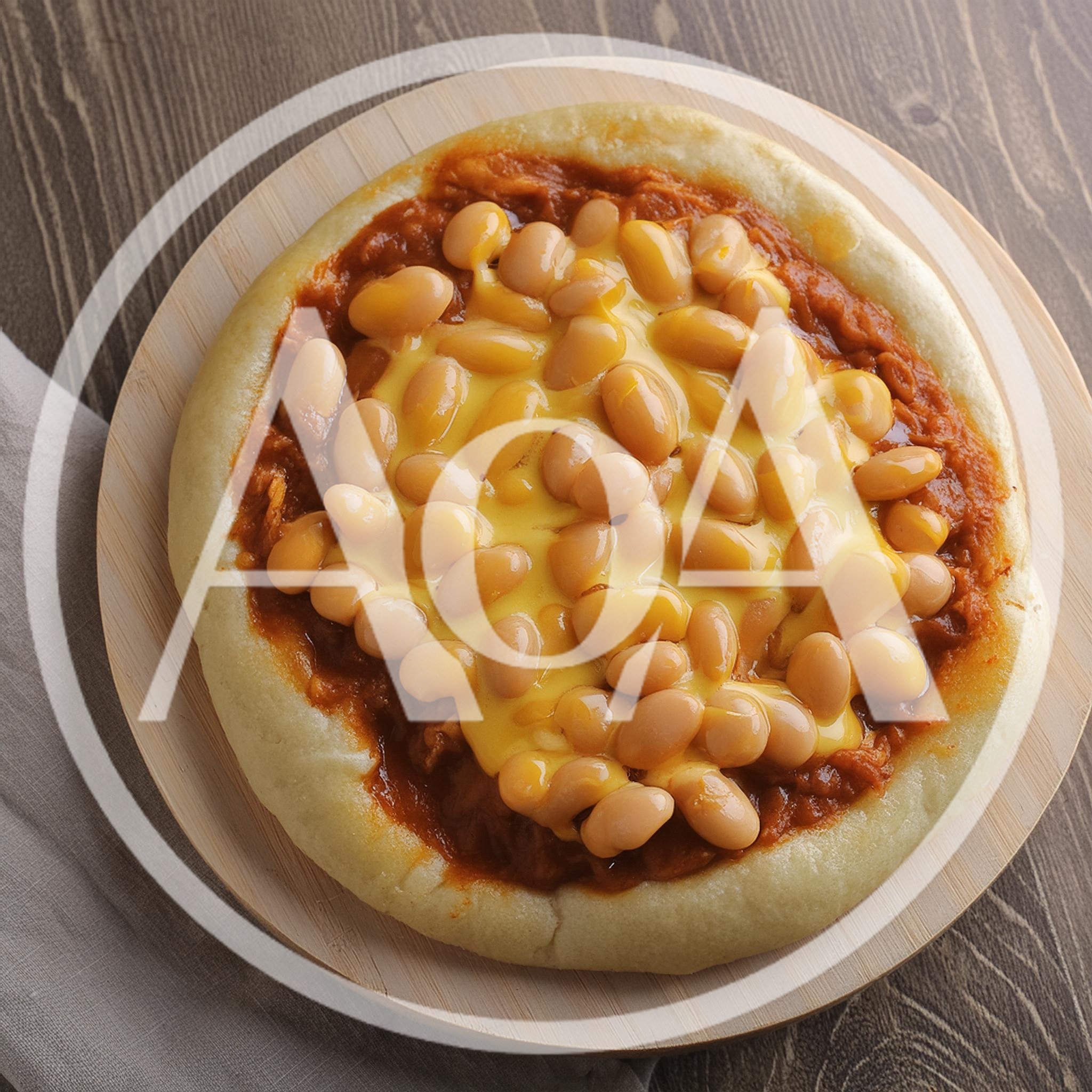Baked Bean And Cheese Pizza On Wooden Board
