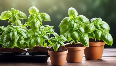 Fresh Green Basil Plants Growing In Clay Pots