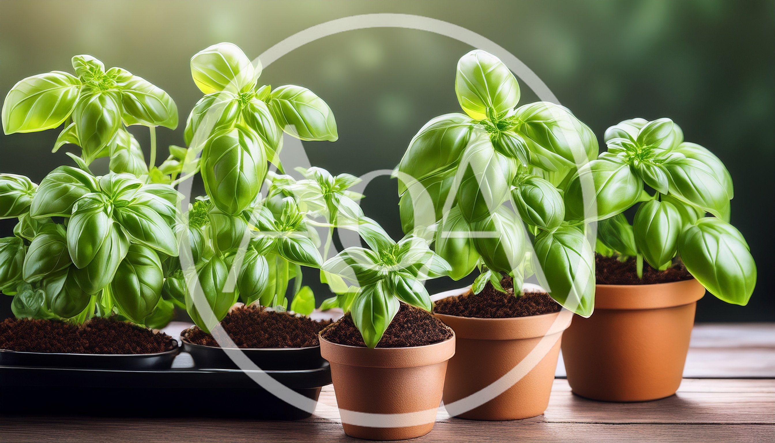 Fresh Green Basil Plants Growing In Clay Pots