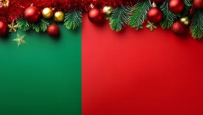 Christmas Decorations Border on Split Green and Red Background
