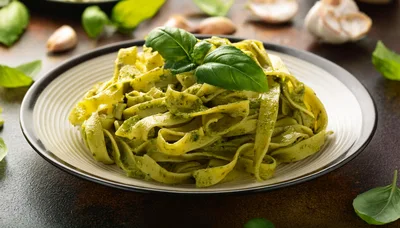 Plate Of Fresh Fettuccine Pasta With Pesto Sauce