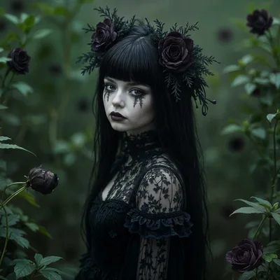 Gothic Woman With Dark Roses In A Garden