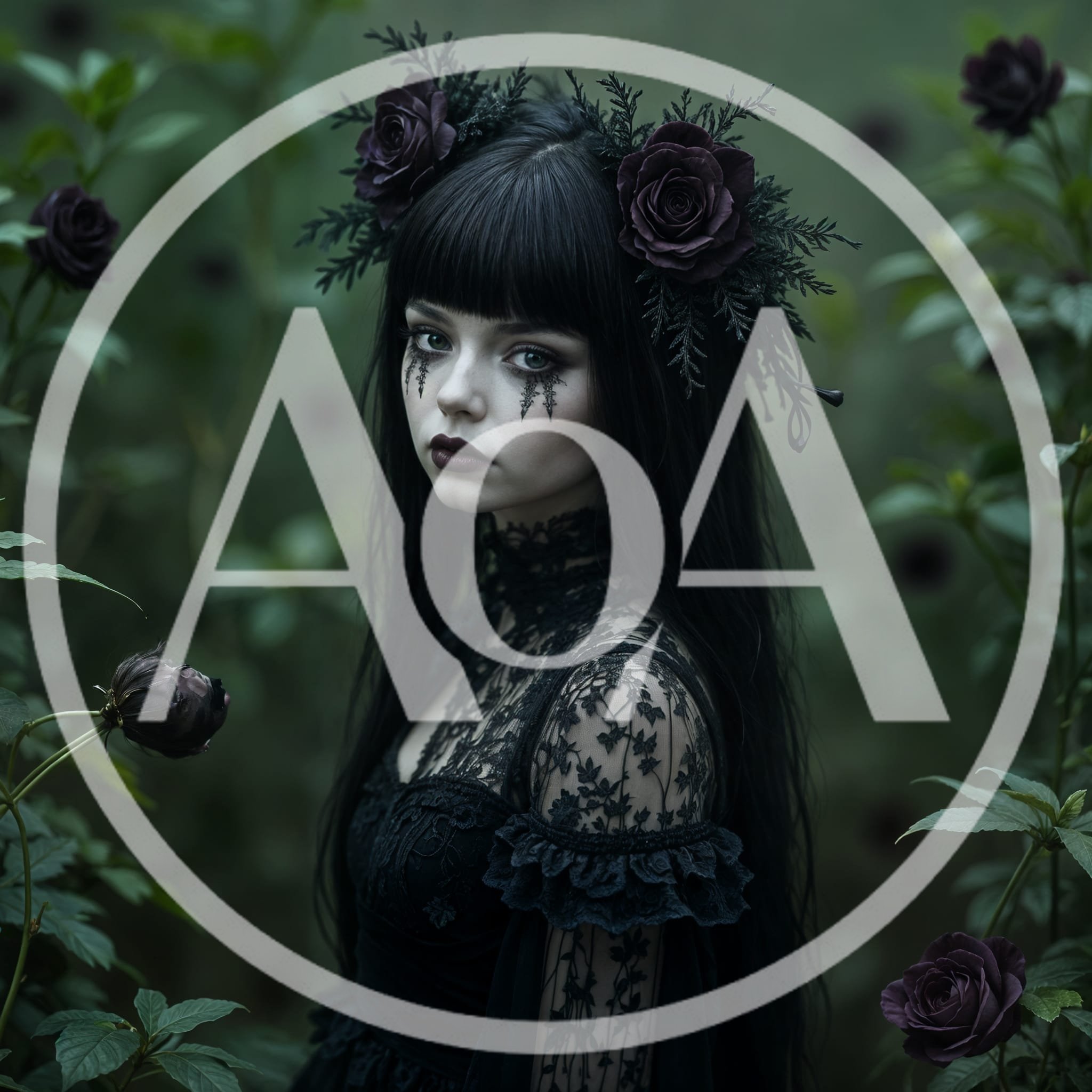 Gothic Woman With Dark Roses In A Garden