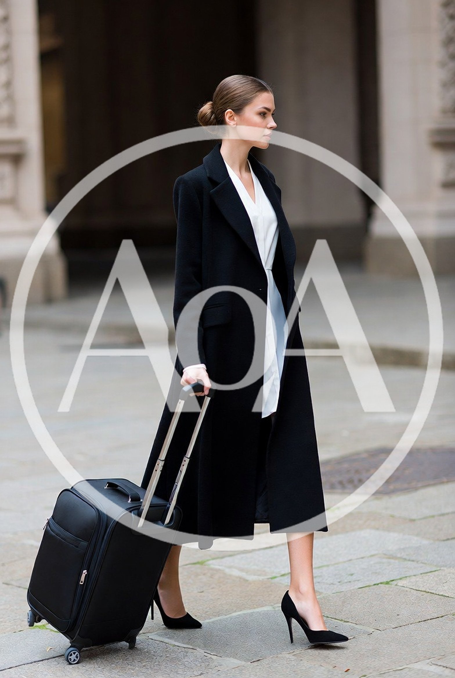 Elegant Businesswoman Walking With Rolling Suitcase
