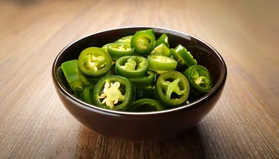 Sliced Green Jalapeno Peppers In A Small Bowl