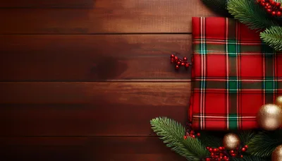 Christmas Gift Wrapped In Plaid Fabric On Wooden Background