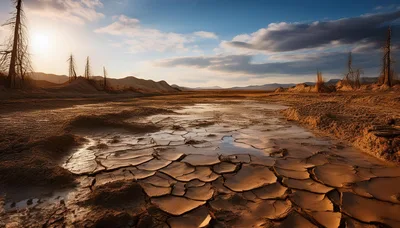 Cracked Earth Landscape With Dead Trees At Sunset