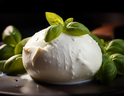 Fresh Burrata Cheese Ball With Basil Leaves