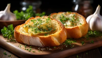 Two Slices Of Fresh Garlic Bread On Wooden Board