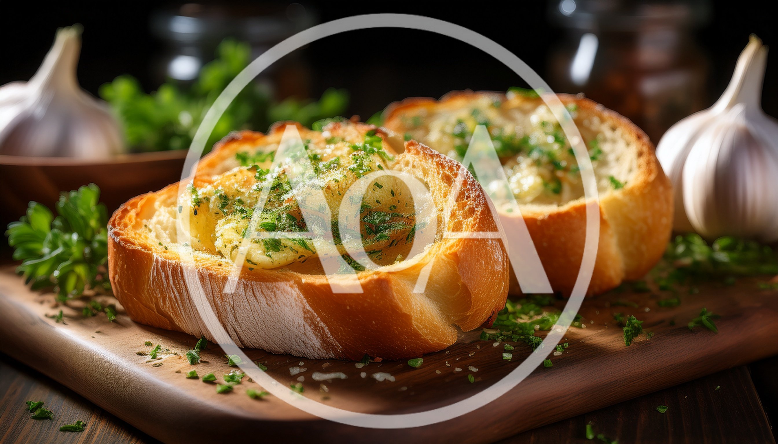 Two Slices Of Fresh Garlic Bread On Wooden Board