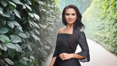 Elegant Woman Posing In A Lush Green Garden Path