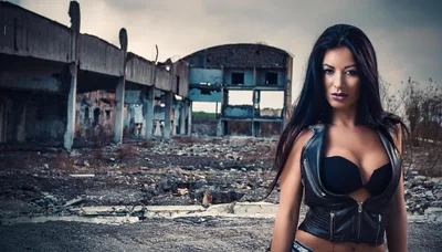 Woman in Leather Vest Standing in Abandoned Industrial Ruins