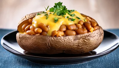 Baked Potato Topped With Beans And Melted Cheese